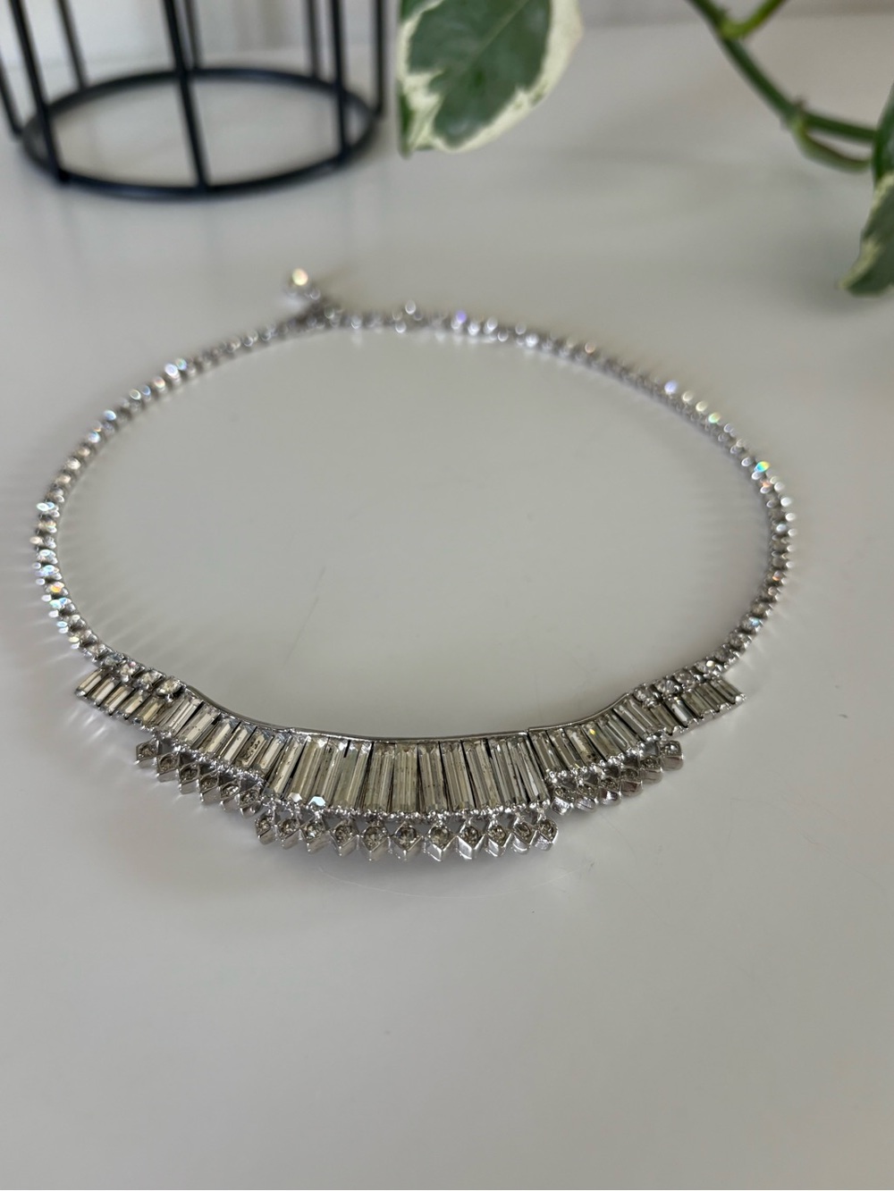 Silver Crystal Baguette Fringe Necklace - 14-16” Keyes